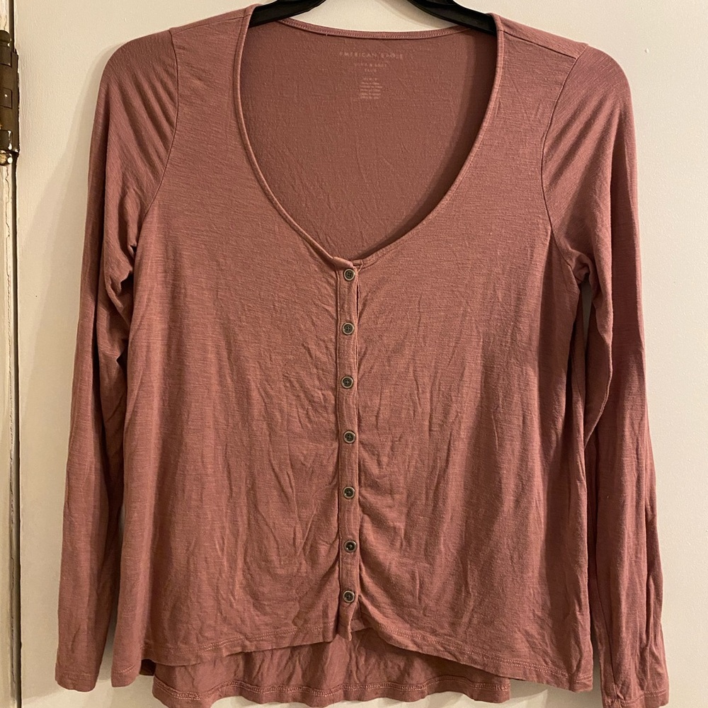 American Eagle ‘Soft & Sexy Slub Tee’ Button Up Long Sleeve Cocoa Brown Womens M